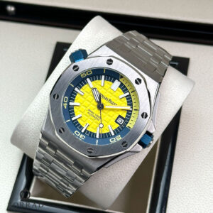 ساعت ای پی مردانه / اتومات بند استیل رنگ سیلور صفحه زرد-آبی