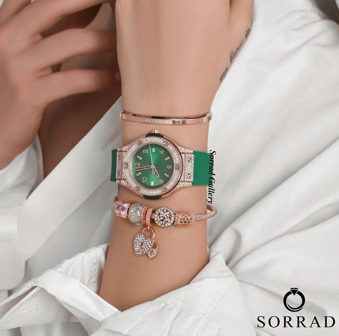 ساعت هابلوت زنانه / فول دایموند بند رابر رنگ سبز صفحه رزگلد-سبز