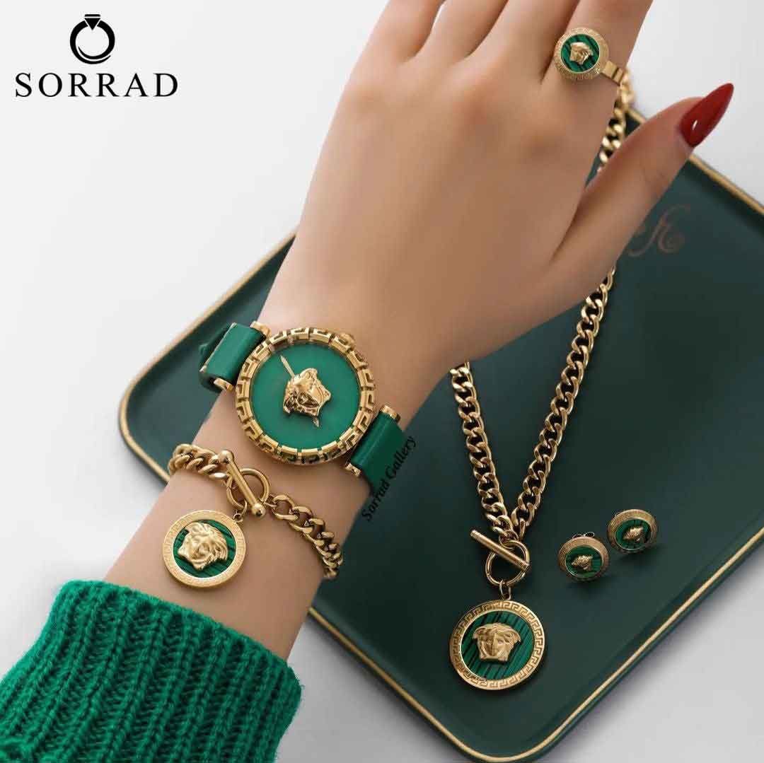 ساعت ورساچه زنانه / ساده بند چرمی رنگ سبز صفحه سبز-طلایی