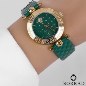 ساعت ورساچه زنانه / ساده بند چرمی رنگ سبز صفحه سبز-طلایی - Image 2